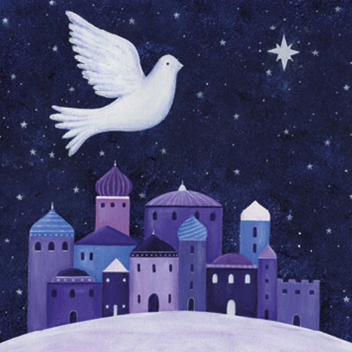 Illustration of bethlehem scene with a dove flying over