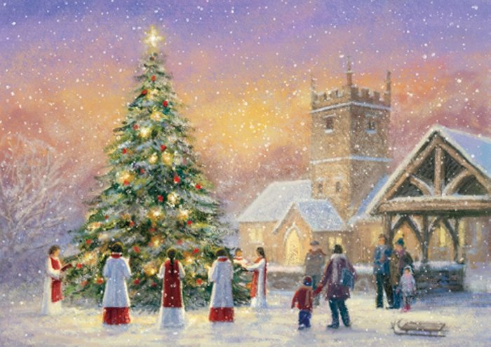 Illustration of chior sing around a chistmas tree outside a church in a snowy scene
