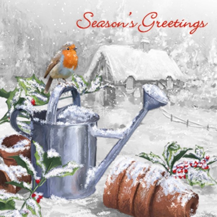 Illustration of Chritmas Robin on a watering can in a snowy contryside scene