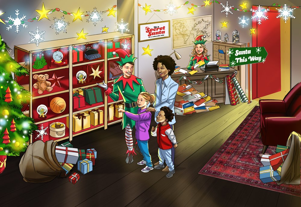 Secret Santa Giving Grotto illustrated image of interior
