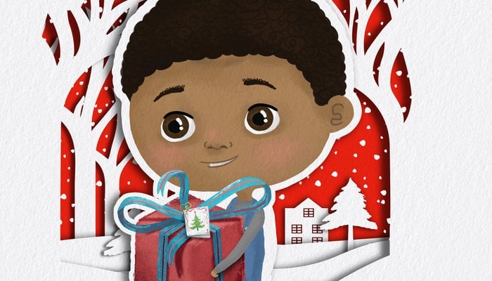 Illustration of a little boy holding a Christmas present and smiling