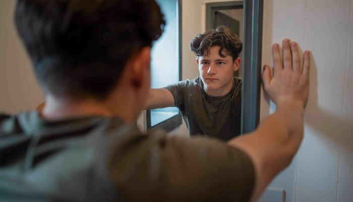 Young male looking seriously at his reflection in the mirror
