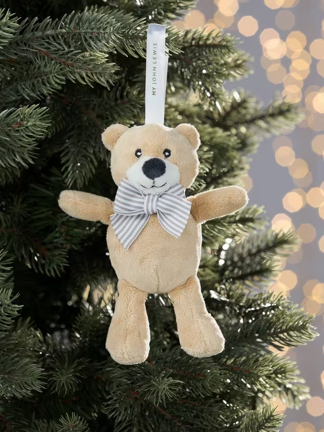 Mini teddy bear tree decoration with grey striped bow-tie