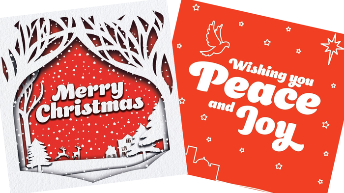 Two red and white Action for Children Christmas Card designs, one saying 'Merry Christmas' and the other 'Wishing you Peace and Joy'