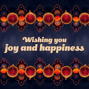 Diwali decorations on a blue background saying wishing you joy and happiness