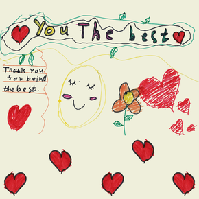 Children's drawing of smiley face, hearts and flowers with you the best writing