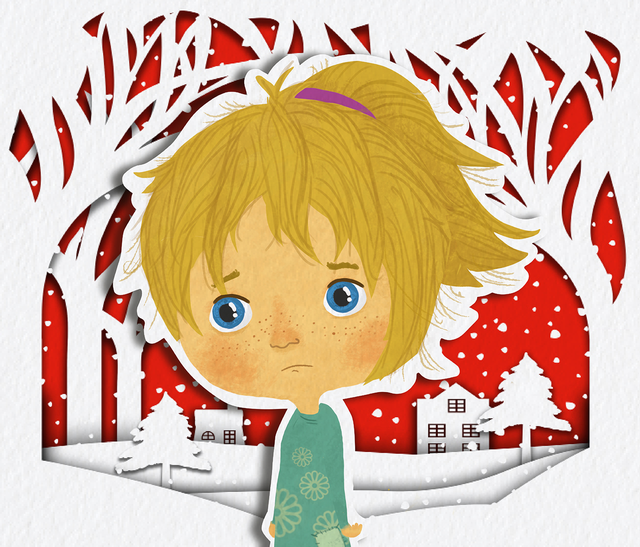 Illustration of Lucy - Sad blonde girl on a red and white paper cut out snowy scene