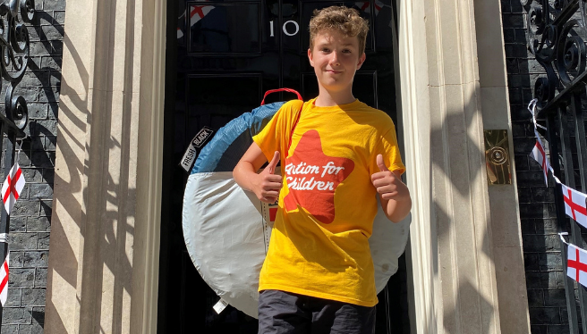 Max 'Boy in the Tent' Woosey outside 10 Downing Street