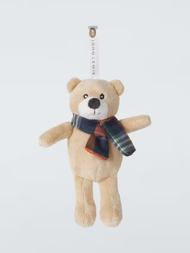 Mini Lewis Bear Tree Decoration - a little beige teddy bear with a tartan scarf and John Lewis ribbon to hang on a christmas tree