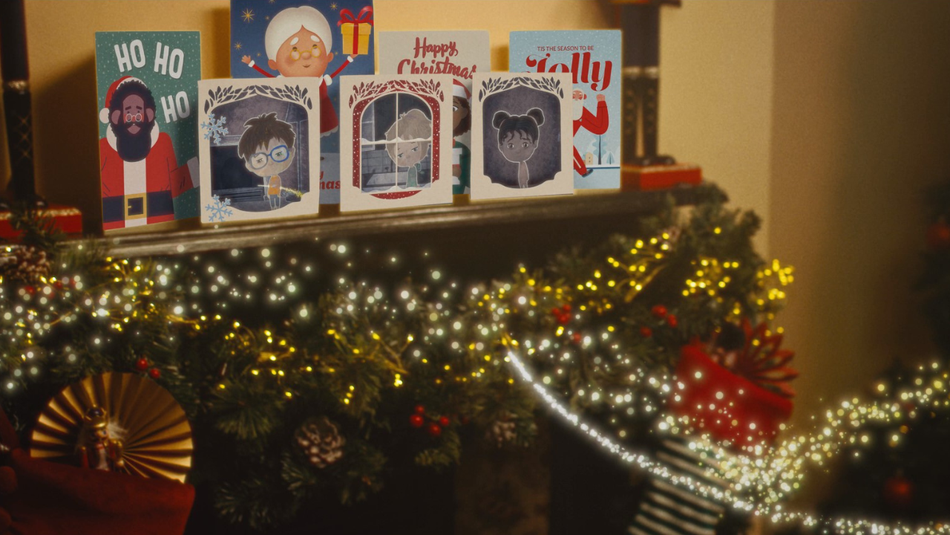 Secret Santa Christmas TV ad Festive mantlepiece with Christmas cards