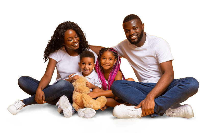Happy mother and father posing with children and teddy bear